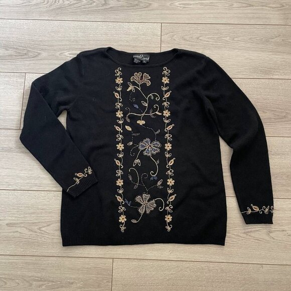 Carole Little Wool Beaded Embroidered Knit Sweater Women Size Large Black Floral - Picture 2 of 10